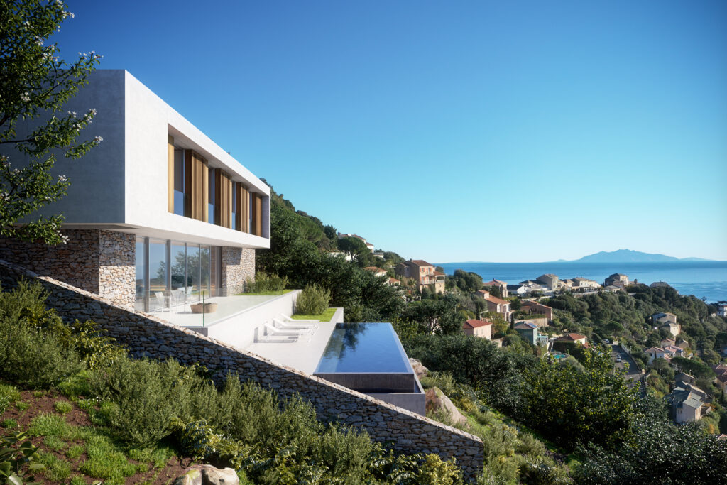 Villa Pietrabugno Villa, vue mer, Pietrabugno, Corse, Vue mer, piscine, architecture, Versini Architectes Associés